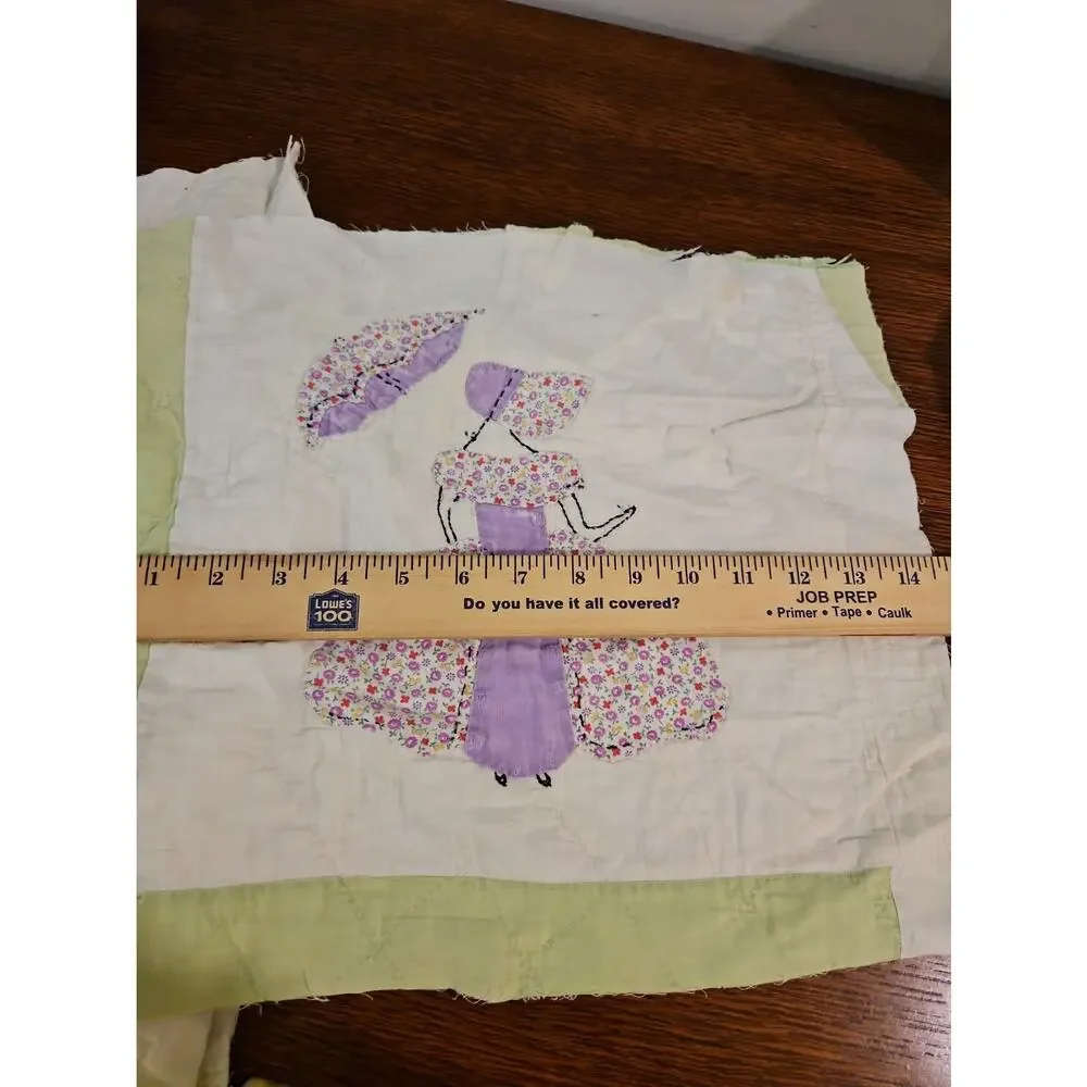 10 Vtg Sunbonnet Sue Parasol Southern Belle Applique Quilt Blocks Hand Stitched